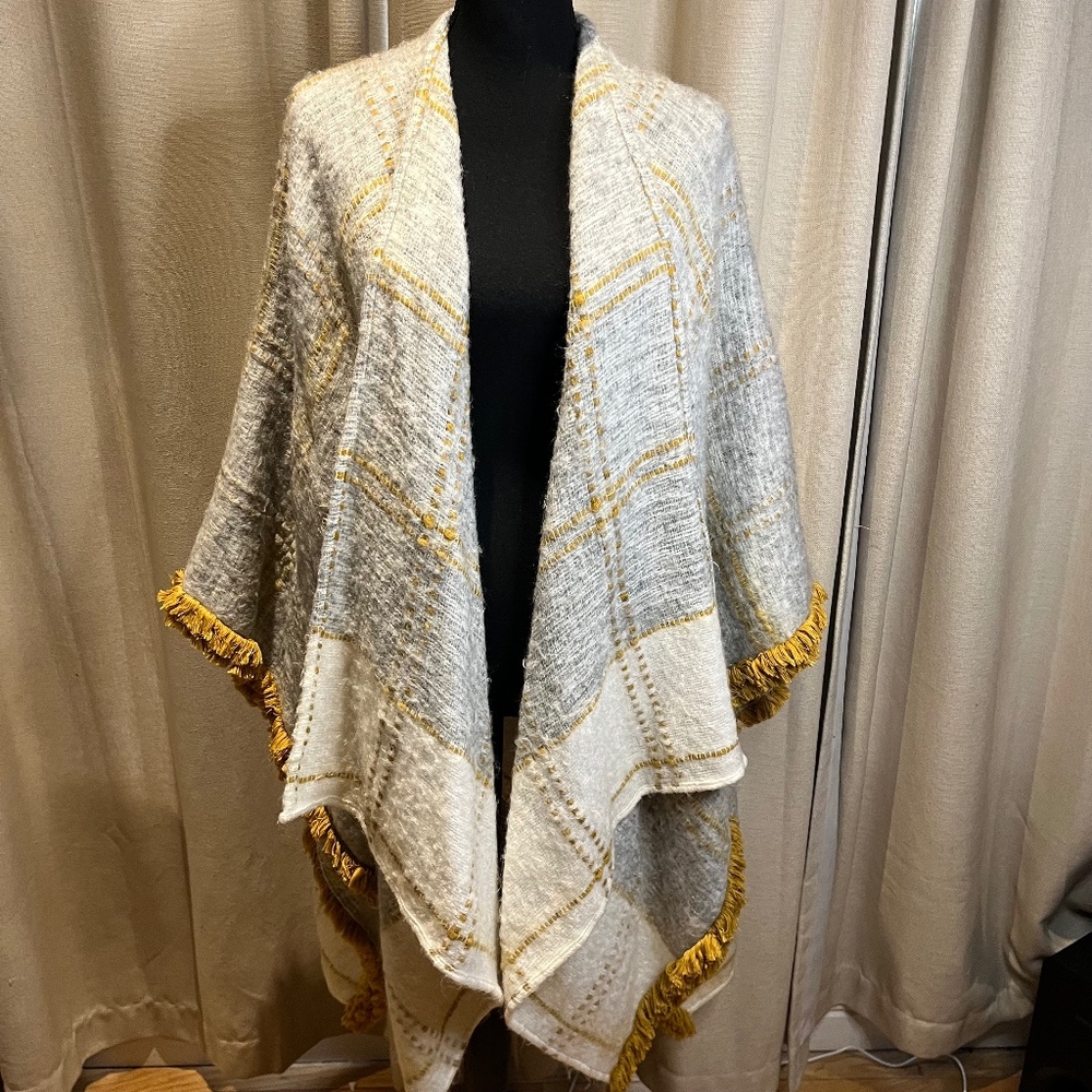 World Market Plaid Fringe Poncho Wrap One Size
